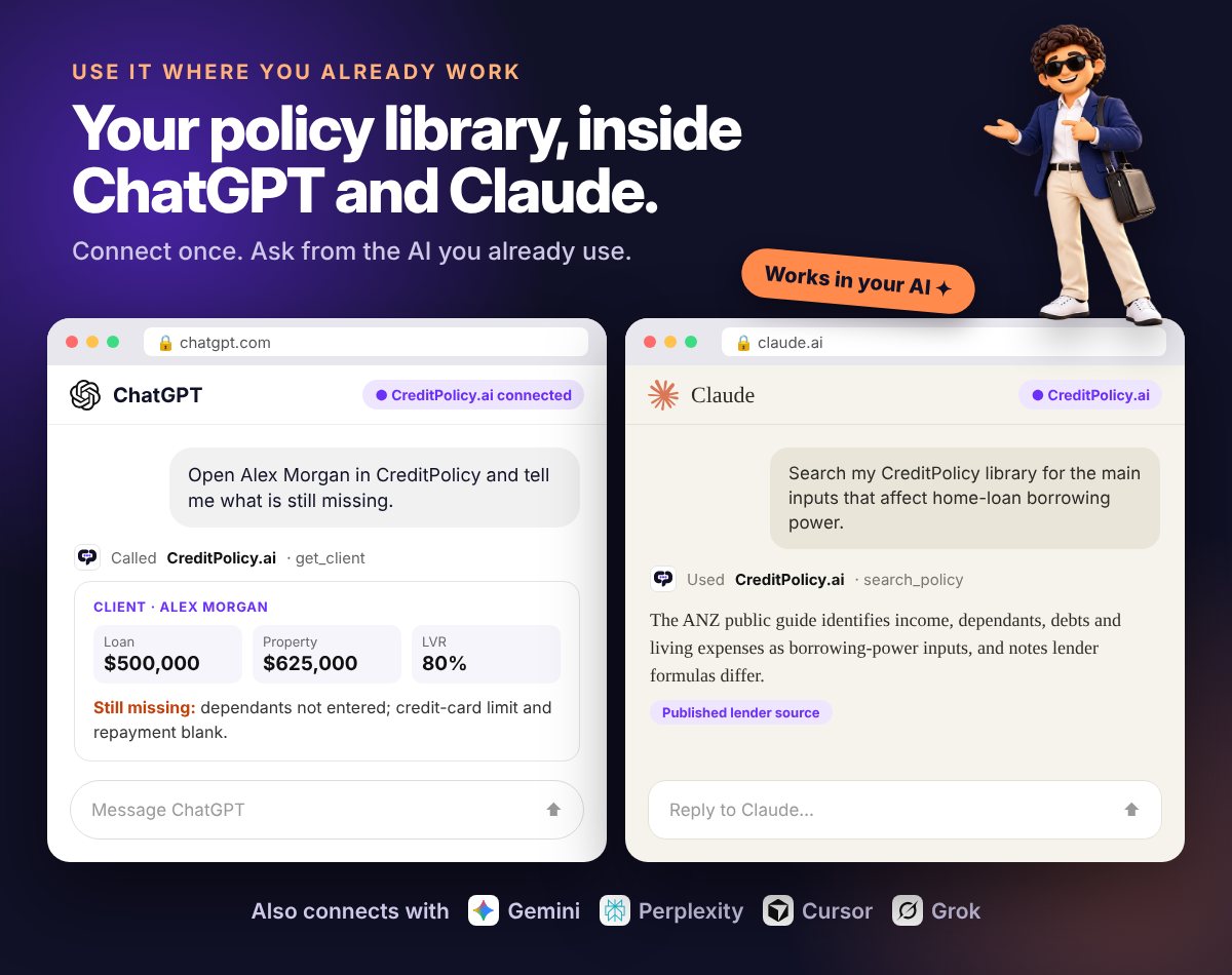 CreditPolicy connected inside ChatGPT and Claude