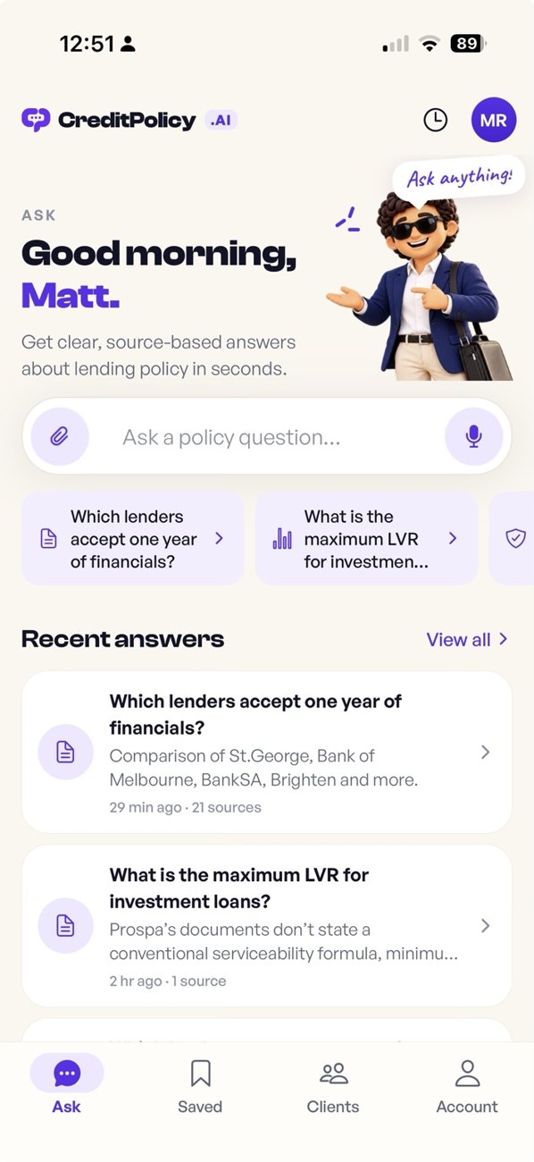 The CreditPolicy iPhone app home screen with Jack and recent policy answers