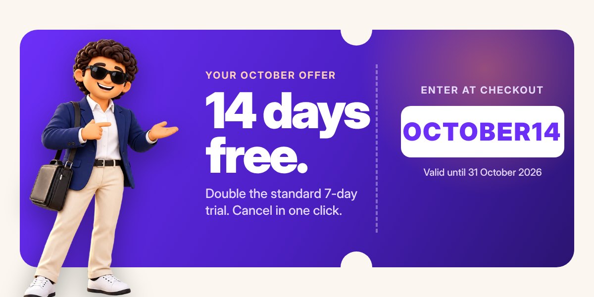 October offer: 14 days free with code OCTOBER14 at checkout, valid until 31 October 2026