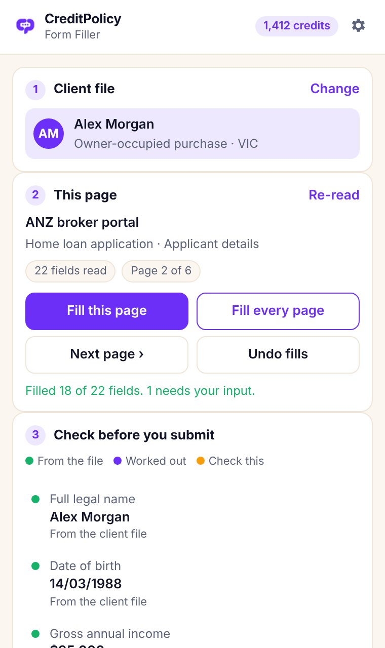 The CreditPolicy Form Filler side panel in Chrome, filling a lender application from a client file