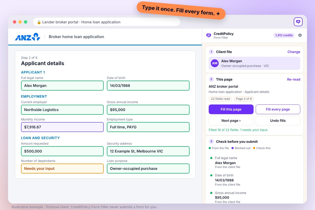 A lender application form filled from the client file
